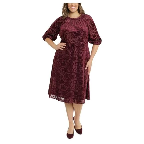 London Times Dress 18W Burgundy Lined Burnout Velvett Flare Midi Modest Grandma - Picture 9 of 9